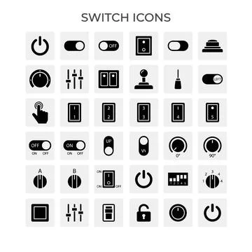 Collection of black switch and control icons on white background, including.. Stock Illustration