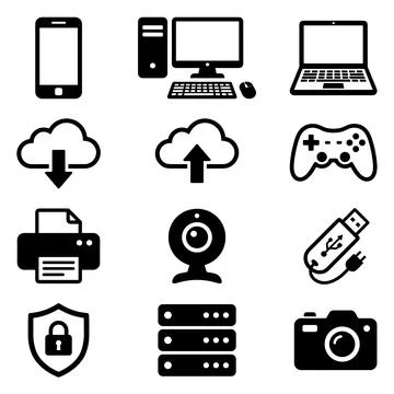 Collection of black technology and computer icons including smartphone, des.. Stock Illustration