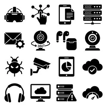 Collection of black technology and computer icons representing virtual real.. Stock Illustration