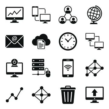 Collection of black technology and network icons on white background, repre.. イラスト素材