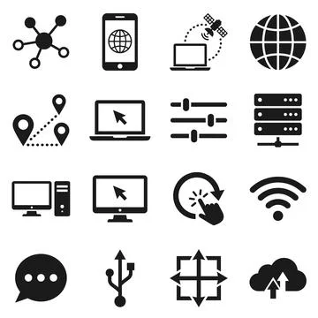 Collection of black technology and network icons including globe, laptop, s.. Stock Illustration