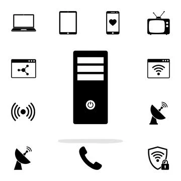 Collection of black technology icons including laptop, tablet, smartphone, .. Stock Illustration