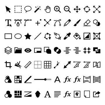 Collection of black vector graphic design and editing tool icons, including.. Иллюстрация