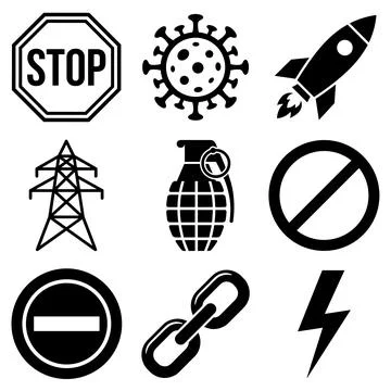 Collection of black vector icons including stop sign, coronavirus, rocket, .. Stock-Illustration