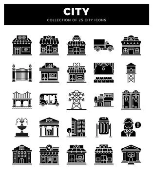 A collection of black vector icons representing city elements and buildings.. Illustrazione stock