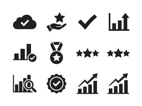 Collection of black vector icons representing success, analytics, and quali.. Stock Illustration