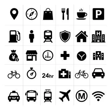 Collection of black vector icons representing transportation, services, and.. Illustrazione stock