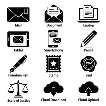 Collection of black vector icons representing mail, document, laptop, table.. Stock Illustration
