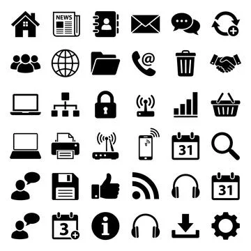 Collection of black vector icons representing communication, technology, bu.. Ilustración de archivo