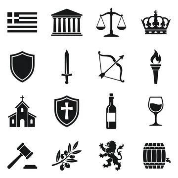 Collection of black vector icons representing Greek flag, ancient building,.. Stock Illustration