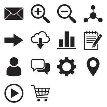 Collection of black vector icons representing common digital interface elem.. Stock Illustration