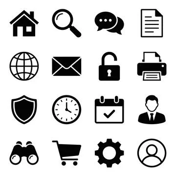 Collection of black vector icons representing common digital interface elem.. Stock Illustration