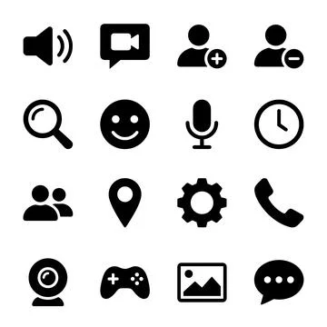 Collection of black vector icons representing communication, social media, .. Stock Illustration