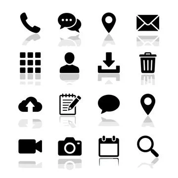 Collection of black vector icons representing communication, navigation, an.. Stock Illustration