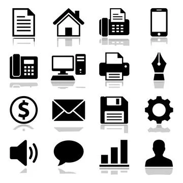 Collection of black vector icons representing business, technology, and com.. Stock Illustration