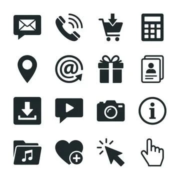 Collection of black vector icons representing communication, shopping, loca.. Illustrazione stock