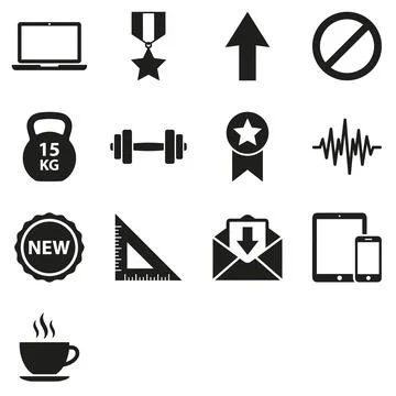 Collection of black vector icons representing technology, fitness, awards, .. Ilustração Stock