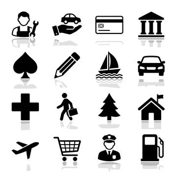 Collection of black vector icons representing services, transportation, fin.. Illustrazione stock