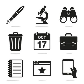 Collection of black vector icons representing business, education, and tech.. Stock Illustration