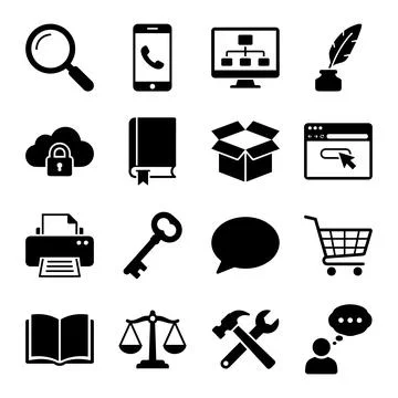 Collection of black vector icons representing business, technology, and com.. Stock Illustration
