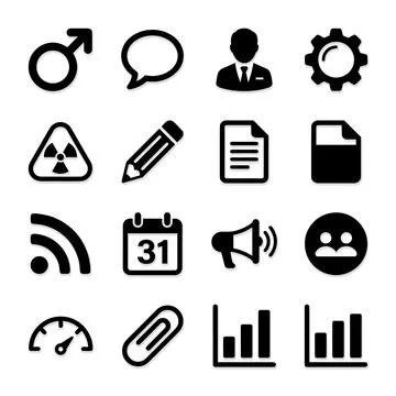 Collection of black vector icons representing male symbol, speech bubble, b.. Stock Illustration