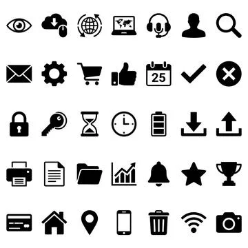 Collection of black vector icons representing technology, communication, bu.. Stock Illustration