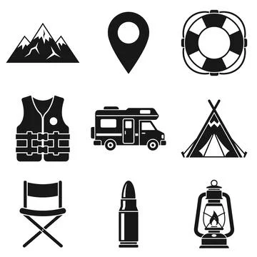 Collection of black vector icons representing outdoor adventure and camping.. Stock Illustration