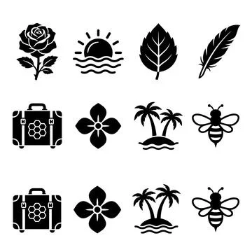 Collection of black vector icons representing a rose, sunrise over waves, l.. Ilustração Stock