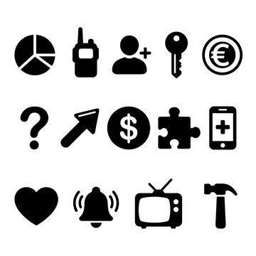 Collection of black vector icons representing business, communication, fina.. Stock Illustration