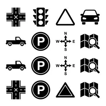 Collection of black vector icons representing traffic signals, road interse.. Stock Illustration