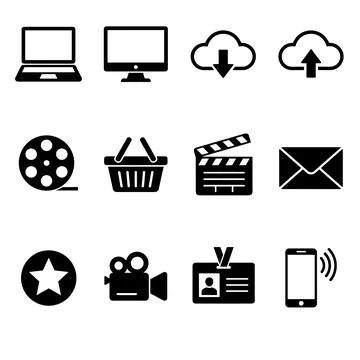 Collection of black vector icons representing technology, media, communicat.. イラスト素材