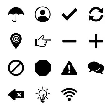 Collection of black vector icons representing common symbols like umbrella,.. Stock Illustration