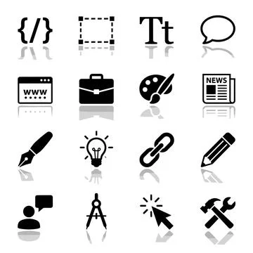Collection of black vector icons representing web design, business, and cre.. Stock Illustration