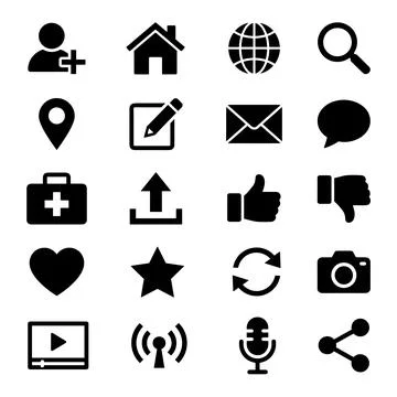 Collection of black vector icons representing user profile, home, globe, se.. Stock Illustration