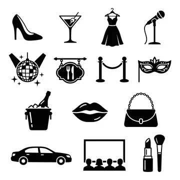 Collection of black vector icons representing luxury lifestyle, events, and.. Illustrazione stock