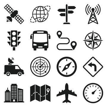 Collection of black vector icons representing travel, navigation, and trans.. Stock Illustration
