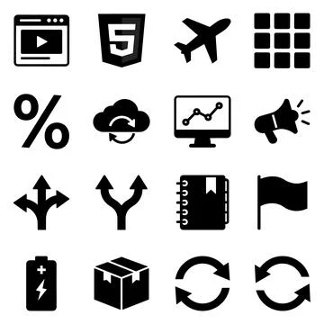 Collection of black vector icons representing various concepts like video p.. Stock Illustration
