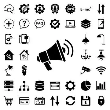 Collection of black vector icons representing technology, business, and com.. Иллюстрация