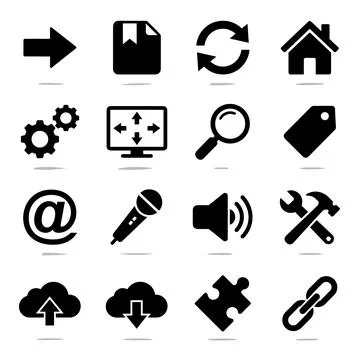 Collection of black vector icons representing technology, communication, an.. Stock Illustration