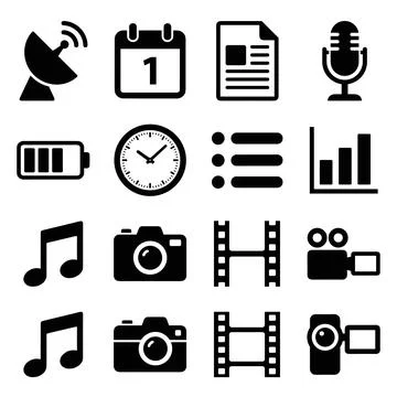 Collection of black vector icons representing communication, time, document.. Stock Illustration