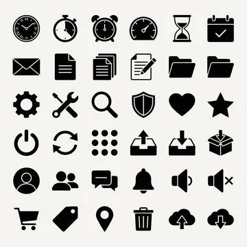 Collection of black vector icons representing common digital interface elem.. Stock Illustration