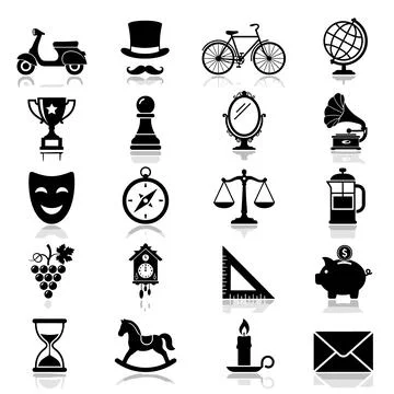 Collection of black vector icons representing vintage objects, modern trans.. Ilustración de archivo