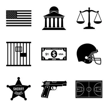 Collection of black vector icons representing American justice, law enforce.. 스톡 일러스트