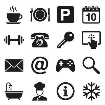 Collection of black vector icons representing common services and activitie.. 库存插图