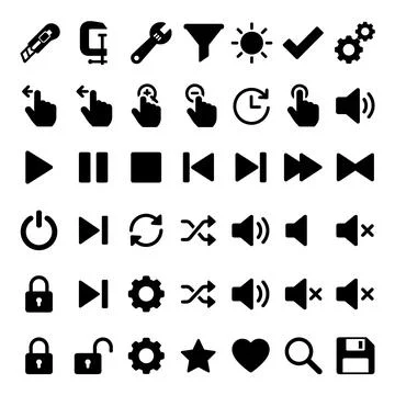 Collection of black vector icons representing tools, media playback, securi.. Stock Illustration