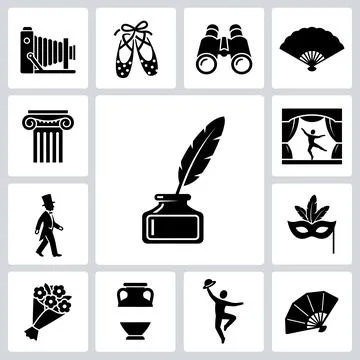 Collection of black vector icons representing performing arts, literature, .. Stock Illustration