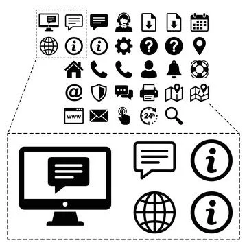 Collection of black vector icons representing communication, support, and i.. Stock-Illustration