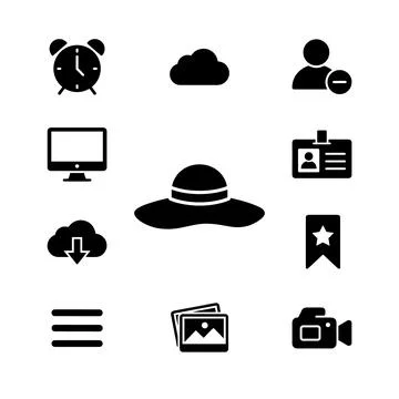 Collection of black vector icons representing various digital and lifestyle.. Stock Illustration