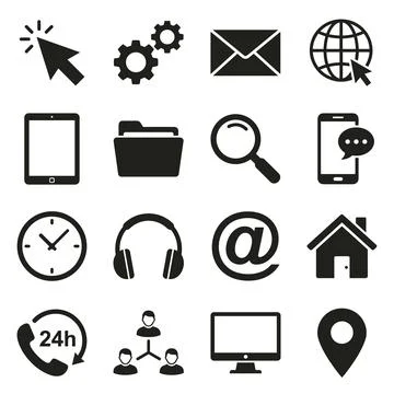 Collection of black vector icons representing communication, technology, an.. Stock Illustration