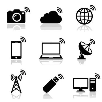 Collection of black vector icons representing wireless technology and conne.. Stock-Illustration